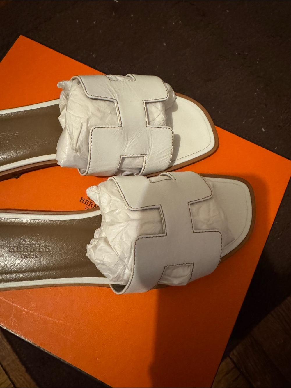 Hermes White Oran Slide Sandals
